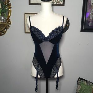 90s Y2K Vintage Victoria’s Secret Navy Velvet Mesh Lace Teddy Bodysuit Lingerie